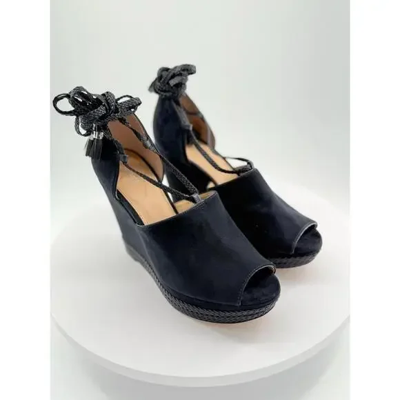 Michael Kors Wedges Womens 11M Navy Suede Ankel Wrap Lace Up Open Toe Braided - Picture 3 of 16